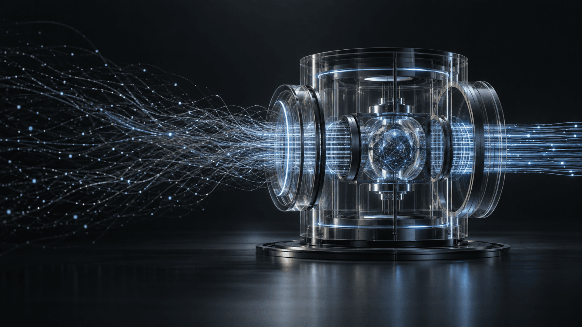 A luminous data stream passing through a quantum-inspired security gateway
